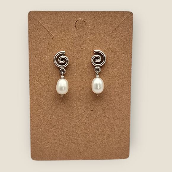 Freshwater Pearl Drop Sterling Silver 925 Signed JH Artisan Earrings Vintage - Picture 2 of 7